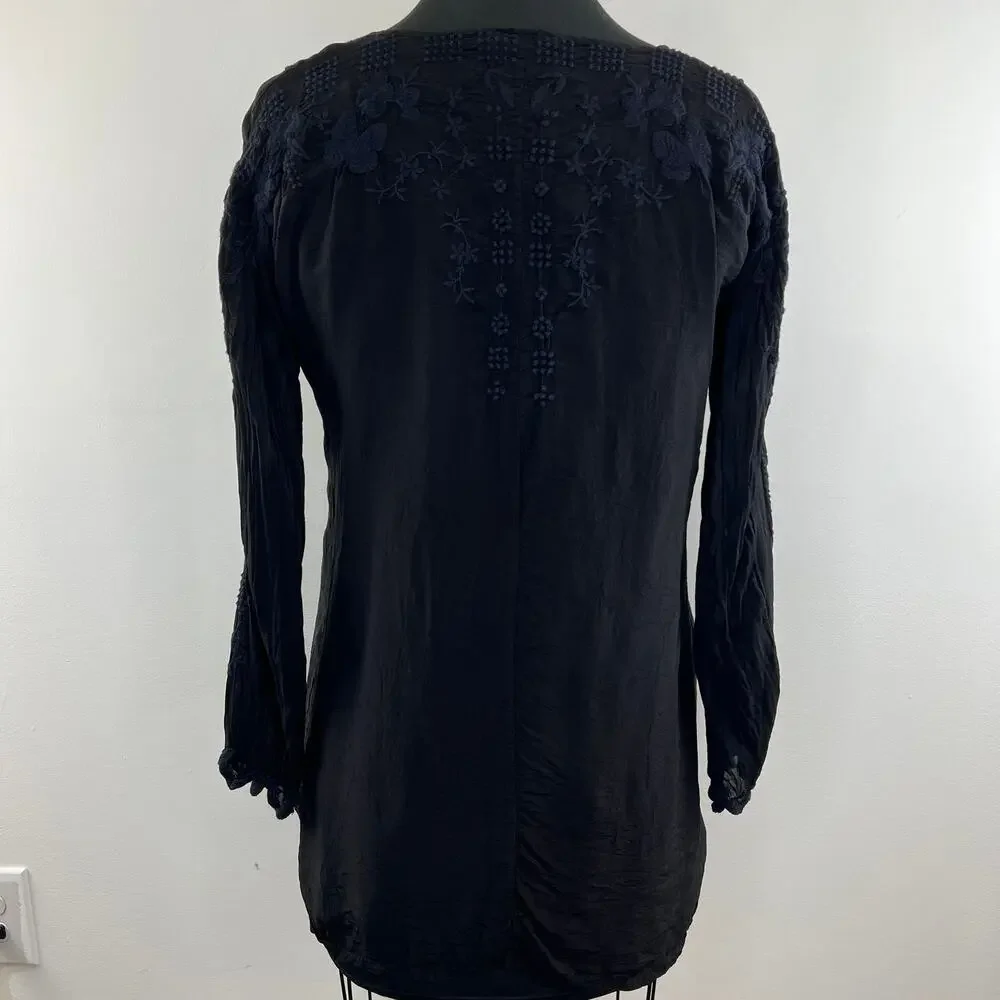 Johnny Was Black Butterfly Winter Tunic Embroidered Floral Tie Neck Women Top XS